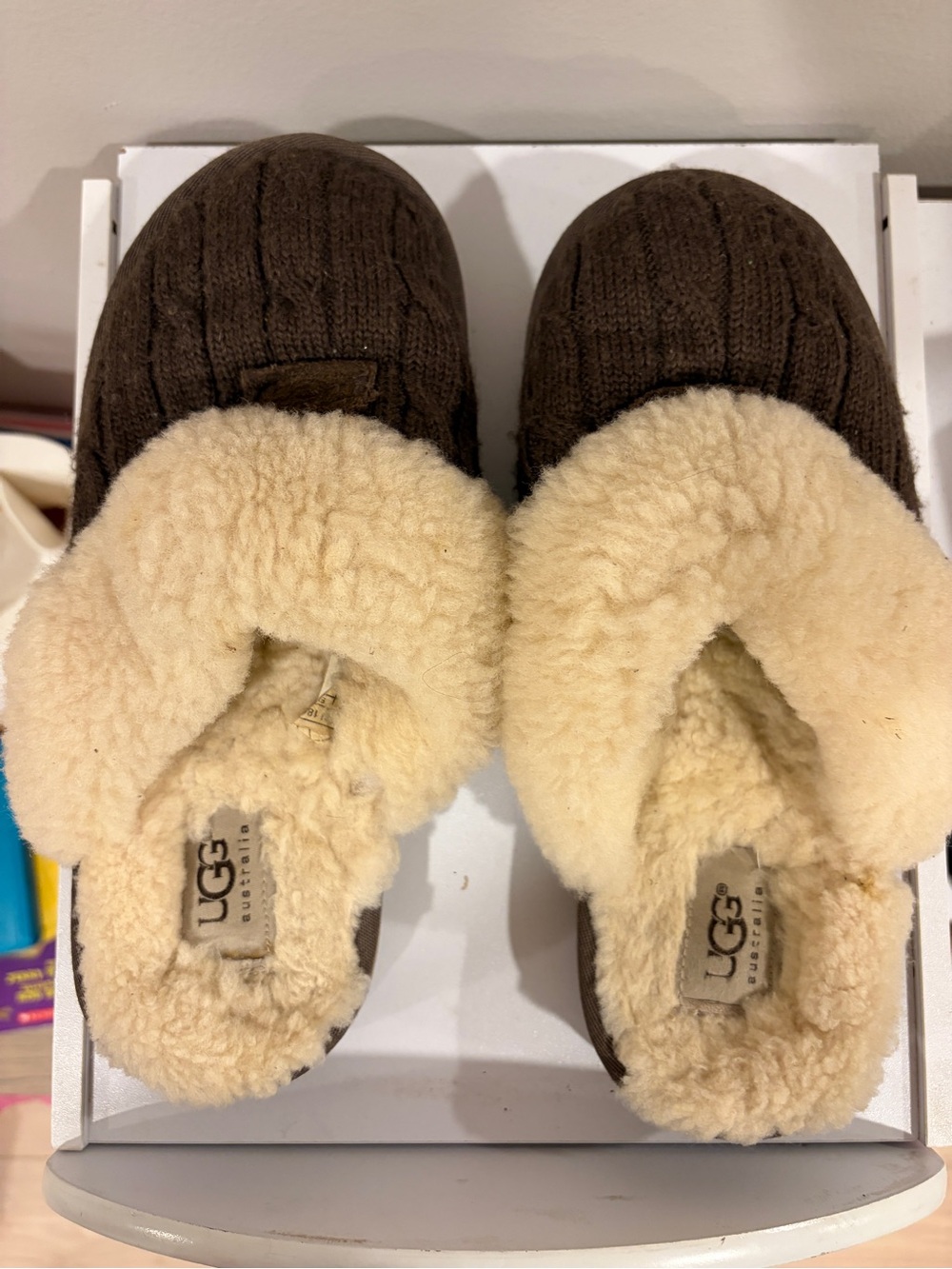 UGG Kids Brown Knit Slipper with Cream Shearling